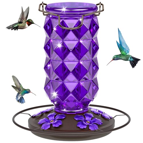 Glass Hummingbird Feeders for Outdoors 25 Ounces Wild Bird Nectar Feeder with Perch & 5 Flower Feeding Ports Leak Proof Hanging for Garden Backyard Decor Gifts for Women Mom Purple