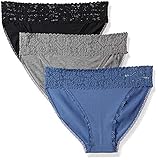 Amazon Brand - Mae Women's Hi Waist Cotton Bikini with Lace, 3 Pack,Black/ Medium Heather Grey/ Colony Blue,Medium