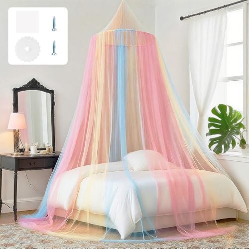 HIQE-FL Moskitonetz Betthimmel Moskitonetz für Kinderbett,Prinzessin Moskitonetz,Baldachin kinderzimmer Regenbogen,Himmelbett Vorhang Doppelbett,Hängendes Mückennetz Bett