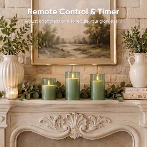 Image of Homemory Rechargeable Sage Green Glass Flameless Candles with Remote Timer, 3 Pack