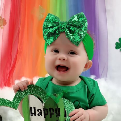 St Patricks Day Bow Baby Girl Hair Bows Clover Headbands Sequins Large Bows Green Hair Accessories Shamrock Headbands for Girls Infants Toddlers2
