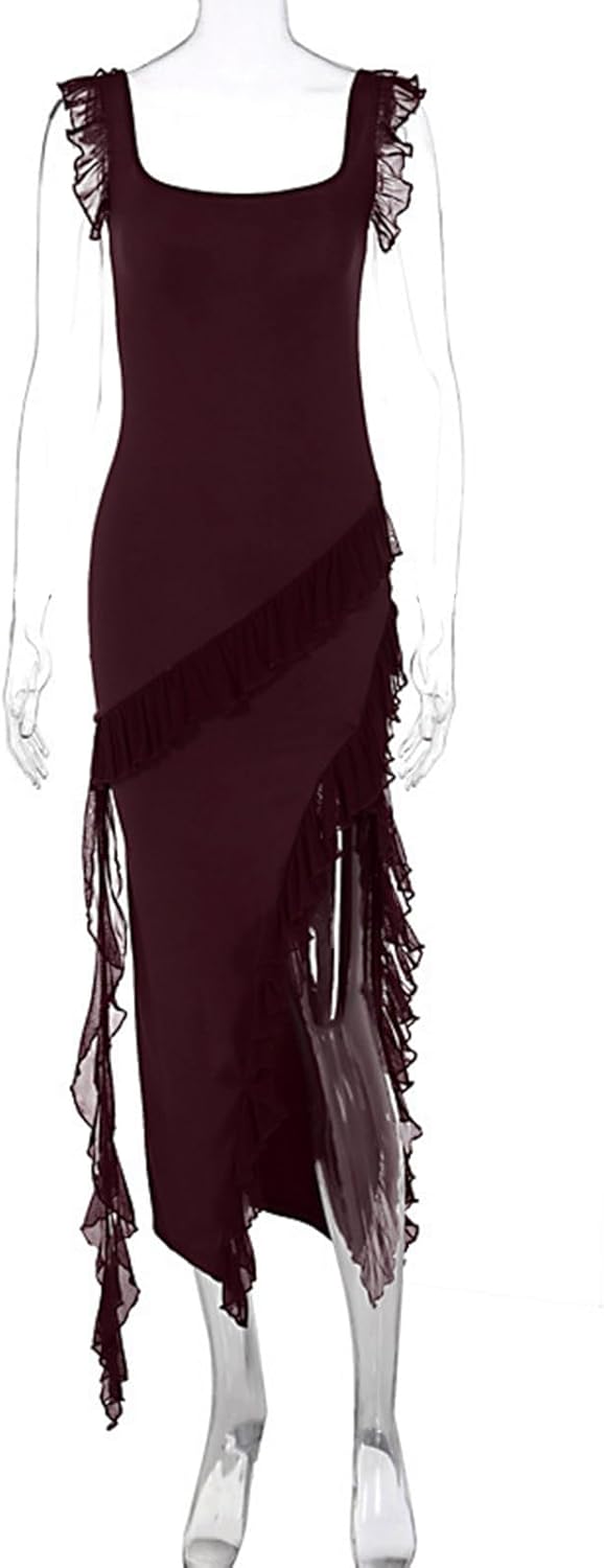 Lossarye Women's High Slit Ruffle Bodycon Maxi Dress Wide Strap Square Neck Backless Wedding Party Prom Dress - Image 5