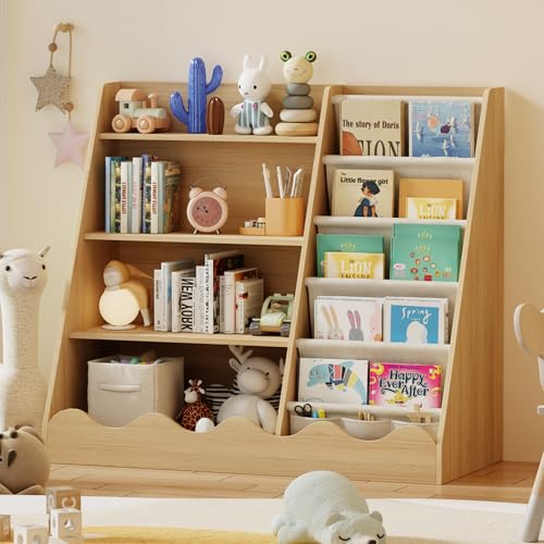 Image of ROXGOX Wood 4 Tier Kids Bookshelf and Toys Storage Cabinet, Baby Bookshelf with Storage, 5 Shelf Montessori Bookcase for Toddler Nursery Classroom