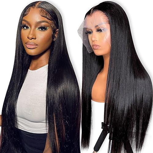 Flady 26 inch Straight HD Lace Front Wigs Human Hair Pre Plucked Bleached Knots 180% Density 13x4 Transparent Lace Frontal wigs Human Hair For Black Women Bone Straight Black Human Hair Wig