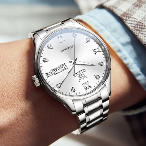 Image of OLEVS Automatic Watches for Men Self Winding Mechanical Wristwatch Luxury Business Dress Stainless Steel Luminous Waterproof Calendar Mens Watch