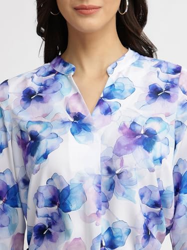 Image of FableStreet Women Shirt Work & Casual | Relaxed Fit Mandarin V-Neck Three-Quarter Sleeves Solid Pattern | Breathable Woven Fabric for Office & Everyday Wear