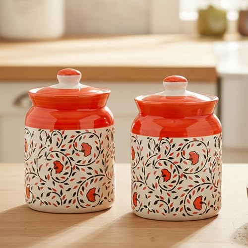 Image of Ceramic Handmade Pickle Jars in 1000ml (set of 2) | Handpainted Floral Bale 1 kg Achaar Martban | Ceramic Jadi for Kitchen Storage (Set of 2) | Jars for Achar, Spices, Salt (Red Bloom &Swirl Bale)