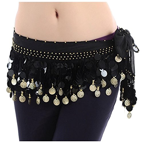 Image of VRITRAZ Women's Chiffon Belly Dance Hip Scarf Waistband Belt Skirt Mixed Colors Beads and Golded Coins 56 Black