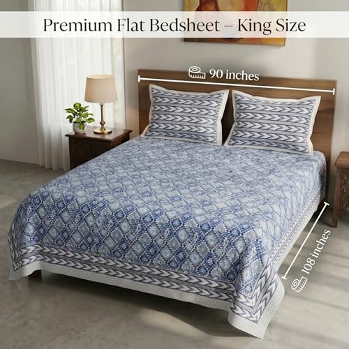 Image of Mafatlal 144 TC Heritage Jaipuri Double Bed Cotton Bedsheet Queen Size 90x108, 100% Pure Cotton Bed Sheet with 2 Pillow Covers, Royal Heritage | Prussian Blue