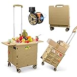 FELICON SELORSS Folding Utility Cart Portable Rolling Crate Handcart with Magnetic Sliding Lid Telescoping Handle Plastic Box Dolly 360°Swivel Wheels for Travel Shop Move Office Teacher(Khaki Pro)