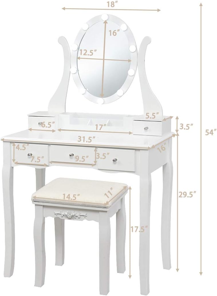 CHARMAID Makeup Vanity Table with Lighted Mirror, Vanity Desk with 10 LED Lights, Adjustable Brightness, 5 Drawers and Removable Storage Organizer, Bedroom Dressing Table with Stool (White)