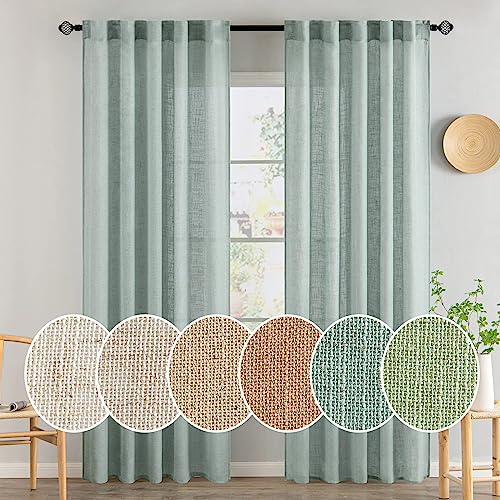 MIULEE Sea Green Linen Curtains 84 Inch Length for Bedroom Living Room, Soft Thick Linen Textured Window Drapes Semi Sheer Light Filtering Back Tab Rod Pocket Burlap Look Aqua Decor, 2 Panels