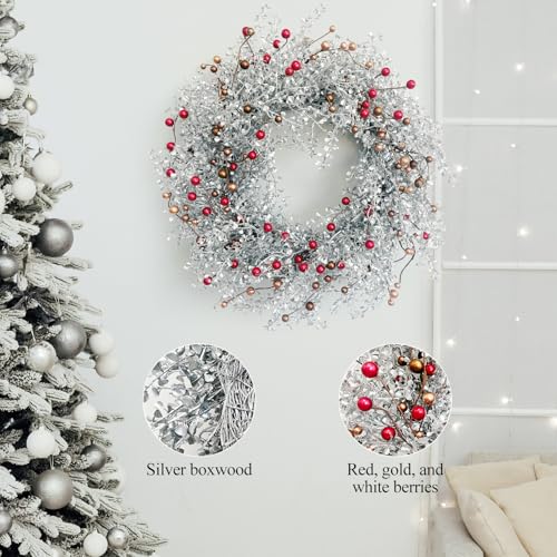 Winter-Front-Door-Wreath-24-Inch-Winter-Wreaths-with-Metallic-Silver-Boxwood-Red-Golden-White-Berry-Winter-Door-Wreath-or-Festival-Celebration-Front-Door-Wall-Window-Hanging Winter Front Door Wreath 24 Inch Winter Wreaths with Metallic Silver Boxwood Red Golden White Berry Winter Door Wreath or Festival Celebration Front Door Wall Window Hanging