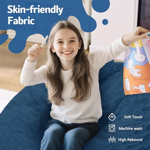 Image of HABUTWAY 2FT Bean Bag Chair,Giant Bean Bag Chairs for Adults,Big Bean Bags with Memory Foam Filled, Large Beanbag Chairs with Chevron Plush Cover-Blue