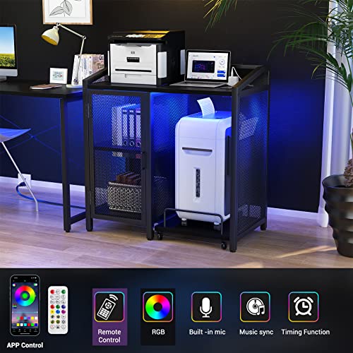 Unikito Modern Printer Stand With Sockets And Led Light, File Cabinet With Shredder Stand On Slide Wheel, Large Printer Cabinet With Adjustable Storage Shelves And Mesh Door For Home Office, Black #TOP2