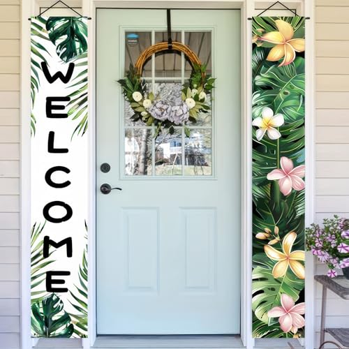 Image of BlissYard 2pcs Welcome Summer Door Banner Hawaiian Porch Banners Sign Summer Sunshine Hibiscus Floral Front Door Hanging Decor Banner for Seasonal Home Hawaii Tropical Party Outdoor Decorations