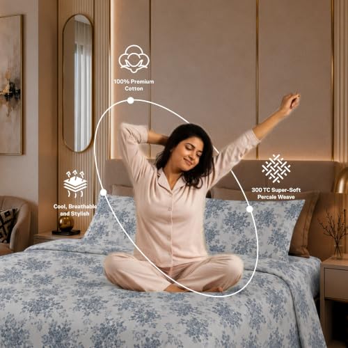 Image of Jaipur Weaves Cotton Percale King Size Bedsheet 108x108 Super King, 100% Pure Cotton Bed Sheet with 2 Pillow Covers, 300 TC Soft Breathable Floral Design Bedding (Blue Meadows, Super King)