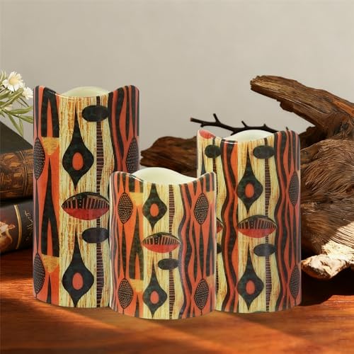 Image of Remote Flameless Candles-Set of 3 African Tribe Design LED Pillar Candles Battery Operated Candle with Timer, 4 inch 5 inch 6 inch for Home Table Decor