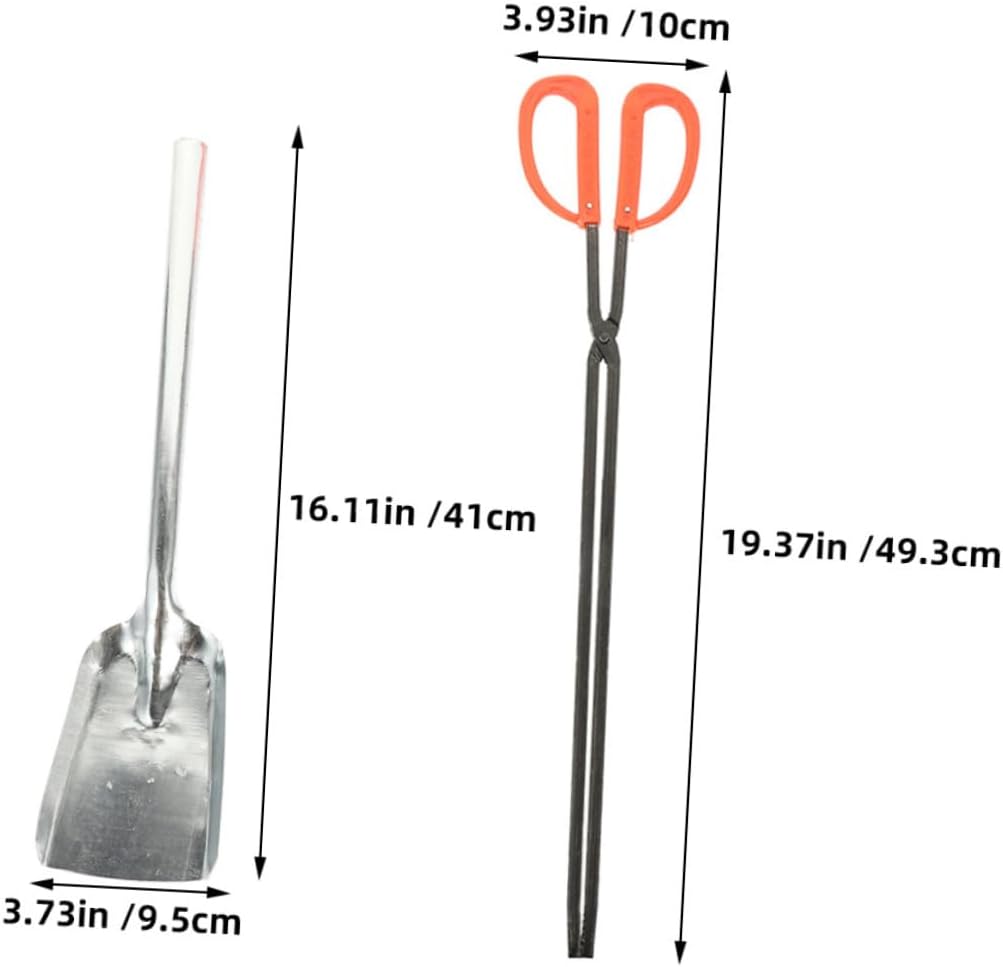 KICHOUSE Fireplace Tool Kit 2pcs Set with Small Stainless Steel Shovel and Red Plastic Handle Flat Tip Tongs, Firewood Grabber for Indoor Wood Burning Stove and Campfire Use