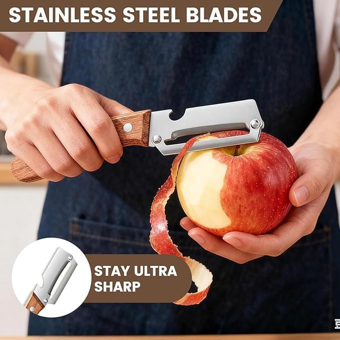 Image of Mikenzo Multi-Functional Vegetable Peeler with Bottle Opener, 3CR13 Stainless Steel Blade, Wooden Handle, for Fruits and Vegetables