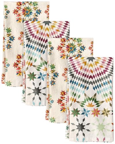 Image of Miss Adola 4pcs Flour Sack Kitchen Towels - 16x26 Inch Cotton Dish Towels Set of 4 with Hanging Loop Reusable Geometric Boho Modern Retro Tea Towel Absorbent Dishcloths Home Decor, Starburst Design
