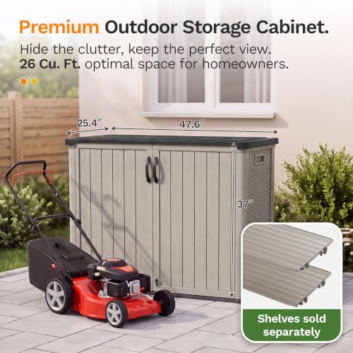 Image of Devoko 26 Cu Ft Resin Outdoor Storage Cabinet with Lockable Doors, Beige | Horizontal Storage Shed Waterproof Patio Tools Storage Box, Easy to Assemble for Backyards,Patios, Pools, Gardening Tools