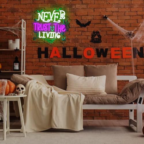Image of KODGGHK Never Trust the Living Neon Signs for Wall Decor, Halloween Decor Neon Sign, LED Light up Sign with Dimmable Switch for Bedroom Man Cave Beer Bar Club Game Room Halloween Party Gifts
