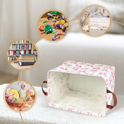Image of Pink Bow Storage Basket Waterproof Canvas Toy Storage Bin Coquette Room Decor Collapsible Outdoor Basket with Leather Handles Pink Bow Room Decor Blanket Baskets For Closets,Bedrooms,Gifts Baskets