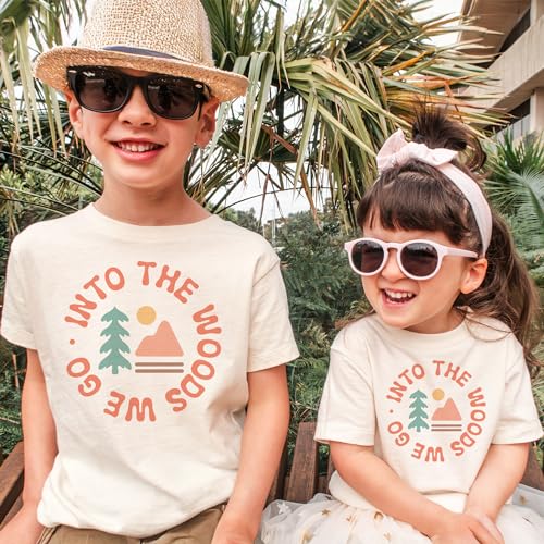 Boho Kids Camping Shirt - Into The Woods We Go - Cute Abstract Minimalist Trendy Outdoor Mountain Adventure Outfit - Natural Toddler & Youth Tees2