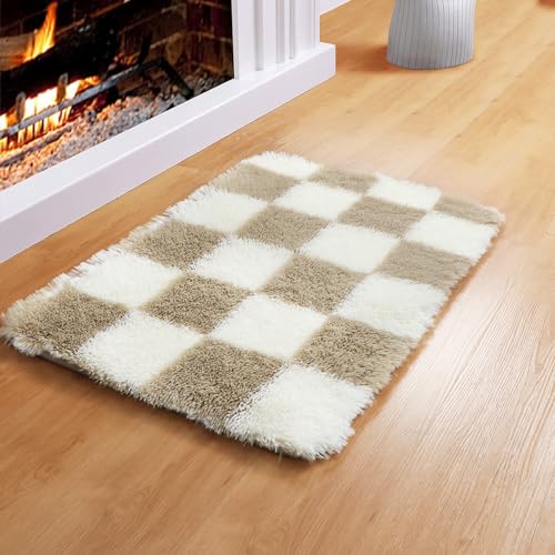 Image of KICMOR Small Beige and Cream White Area Rugs for Bedroom, 2x3 Fluffy Fuzzy Plush Shaggy Checkered Rug, Soft Furry Bedside Rug Small Throw Carpet for Living Room Kids Girls Boys Nursery Home Decor