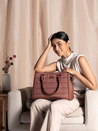 Image of ZOUK Printed Jute Handcrafted Vegan Leather Multicolor Women's Satchel Bag | Ladies Purse Handbag | Double Handle Detachable Strap