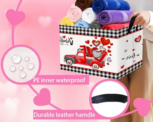 Image of Valentines Day Basket for Kids Heart Shaped Empty Storage Bins for Gifts with Handles Room Decor (Black Checkered Red Truck)