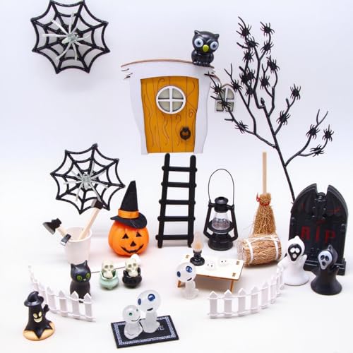 Gloryit Decoração para casa de bonecas de Halloween, 35 peças kit de miniaturas de Halloween, mini aldeia luminosa e impermeável, acessórios para pátios, morcegos, abóbora, elfo, fantasma