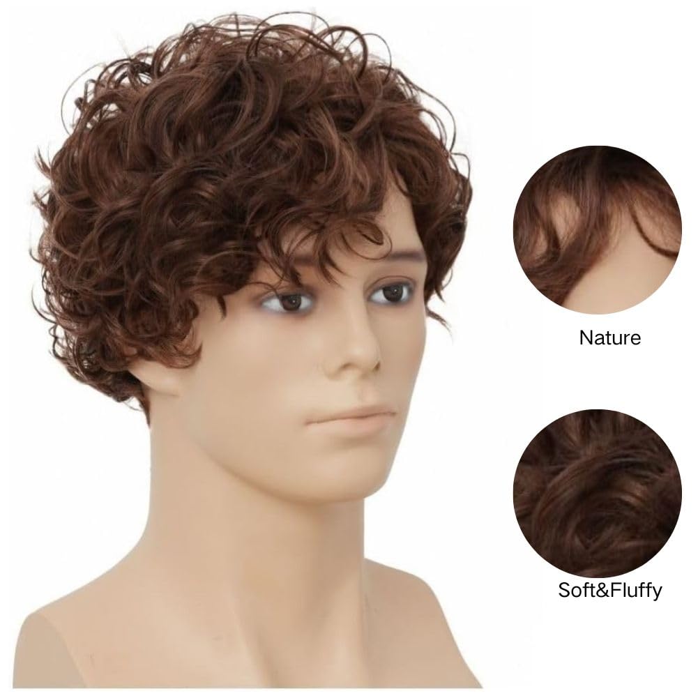 Braun Locken Kurze Perücke für Herren Synthetische Natürliche Fluffy Männliche Haar Cap Perücke Tägliche Party Gebrauch