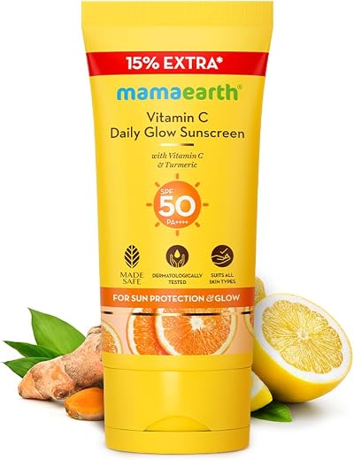 Mamaearth Vitamin C Daily Glow Sunscreen with Vitamin C &amp; Turmeric | For Sun Protection, Tan Protection &amp; Glow | SPF 50 &amp; ...