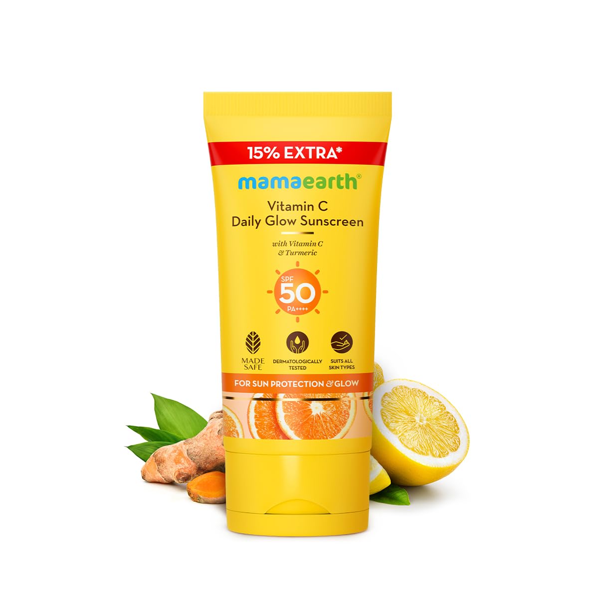 Mamaearth Vitamin C Daily Glow Sunscreen with Vitamin C & Turmeric | For Sun Protection, Tan Protection & Glow | SPF 50 & PA++++ Protection | No White Cast | Lightweight & Non-Sticky | Brightens Skin | In-Vivo Tested | For All Skin Types | 34.5 g