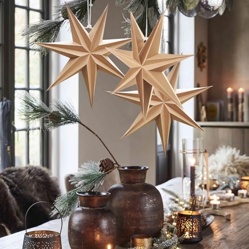 Image of SUNBEAUTY 3 Pcs 7-Pointed Natural Paper Star Lanterns 12 Inch Christmas Hanging Lamp Rustic Paper Decorations Shade Wedding Birthday Christmas Home Party Decorations