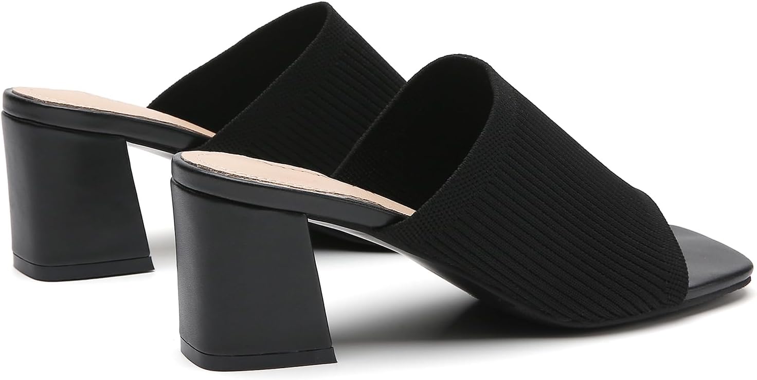 Tilocow Knit Heeled Sandals for Women, Square Open Toe Heels Sandals, Chunky Block Low Heel Slip On Mules - Image 6