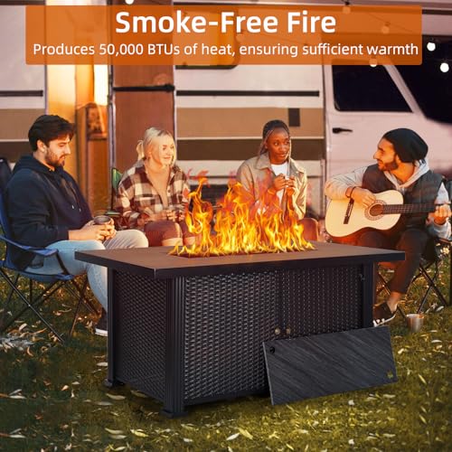 52 Inch Propane Fire Pit, CSA-Listed Outdoor Gas Fire Pit Rectangular Tabletop with Lid, 50,000 BTU Steel FireTable with Rain Cover Glass Wind for Outside Patio Yard Balcony, Black