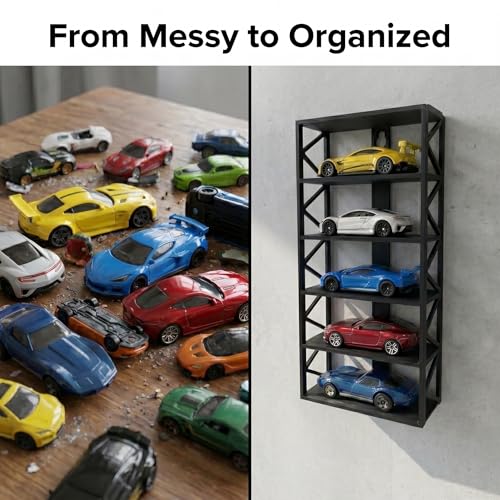 Image of Akrinity 5-Car Display Rack Compatible with Hot Wheels Stand, Fits 1:64 Die-Cast Car Wall Shelf | Tabletop Hot Wheel Car Organizer with Side Guards & Screw Slot for Hanging | Home & Office Decor