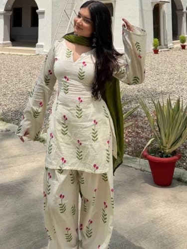 Image of ANNI DESIGNER Farshi Salwar Suit for Women | Viscose Kurta and Farshi Salwar with Dupatta | Floral Straight Outfit | Farsi Farasi Parsi Ethnic Indian Office Party Wedding Clothing Fashion 3 Piece