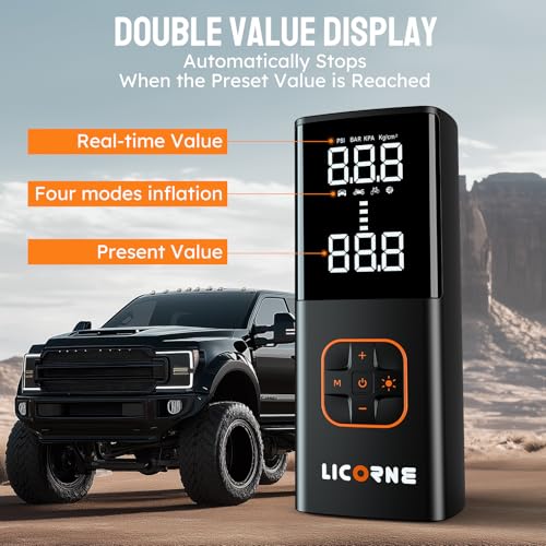 Image of LICORNE Tire Inflator Portable Air Compressor, 180PSI Cordless Digital | 5X faster, 7800mAh battery, digital gauge, auto shut-off, 4 modes for car /bike /motorcycle /ball, USB-C power bank, LED light