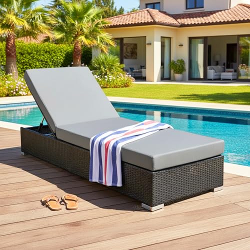 Image of DEVOKO Outdoor Rattan Wicker Sun Lounger Recliner for All Weather Comfort with Durable Metal Frame Ideal for Garden, Deck, Lawn, Poolside (Black & Grey)