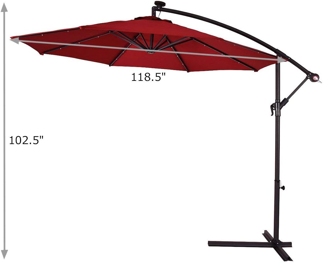 ReunionG 10ft Umbrella LED Lights with Cross Base and Hanging Cover, Patio Umbrella Sun & Rain Shelter for Outdoor Backyard, Poolside, Garden and Beach (Burgundy)