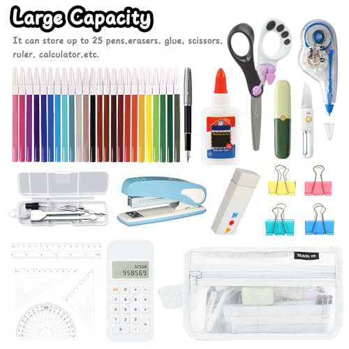 Image of Pencil Case, Grid Mesh Pencil Pouch, Large Capacity White Pencil Bag, Clear Pencil Case with Handle and Zipper, 2-Layer Pen Case Aestheic Stationary Organizer Bag for Office Back to School Supplies