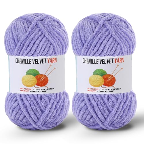 Image of 2 * 100g /3.5oz Fluffy Chenille Yarn for Crocheting, Chunky Velvet Yarn for Crochet Amigurumi, Used for Making Baby Yarns Blanket, Clothes, Pattern Knitting Creations (Light Lavender)