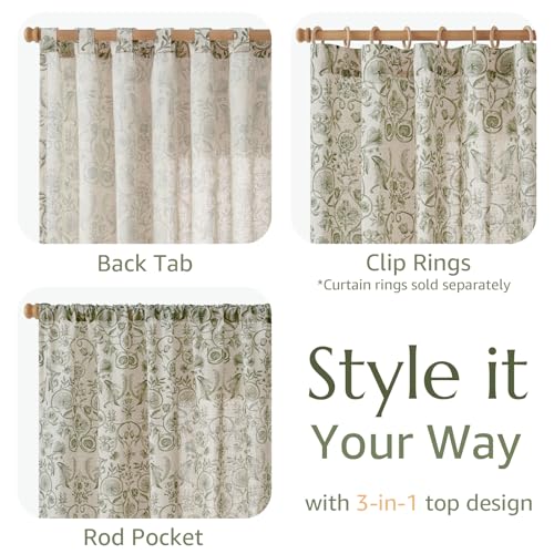Image of jinchan Linen Floral Curtains for Living Room with Printed Flower 63 Inches Long Light Filtering Farmhouse Window Treatment Vintage Short Drapes Back Tab Rod Pocket 2 Panels Green on Beige