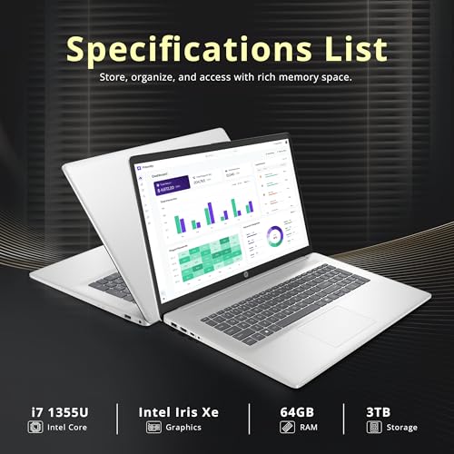 Image of HP 17.3 inch FHD Business Laptop, Intel i7-1355U, 64GB RAM, 3TB Storage (2TB SSD+1TB Docking Station Set), Intel Iris Xe Graphics, Full-Size Keyboard, Copilot, Wi-Fi 6, Webcam, Windows 11 Pro, Silver