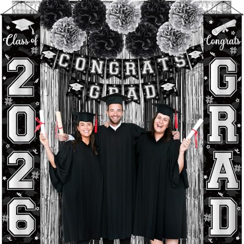 Image of Graduation Party Decorations Class 2026, Graduation Decorations with Congrats Grad Banner Fringe Foil Curtain Paper Flower Ball Balloons for High School College Graduation Party Supplies, Black Silver
