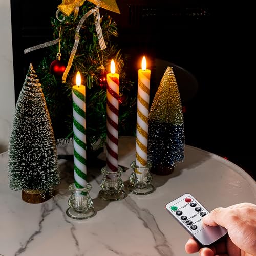 Image of Homemory Waxy Spiral Glitter Flameless Taper Candles with Remote, Timer, Dimmer, Battery Operated CandleSticks with Flickering Light, Led Window Candles for Christmas Decoration 6 Pcs, 9.6 Inches